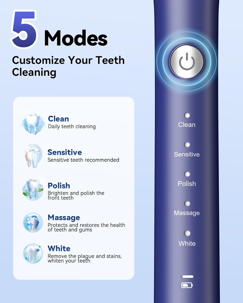 JTF Sonic Electric Toothbrush for Adults and Kids: 8 Brush Heads, Smart Timer and 5 Brushing Modes for Deep Cleaning & Whitening, Rechargeable Portable Toothbrush for Sensitive Teeth, Travel, Home Use - Image 4